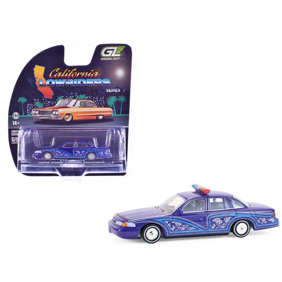 1992 Ford Crown Victoria Lowrider Blue with Graphics and Lightbar 1/64 Scale Diecast Model Cars by Greenlight