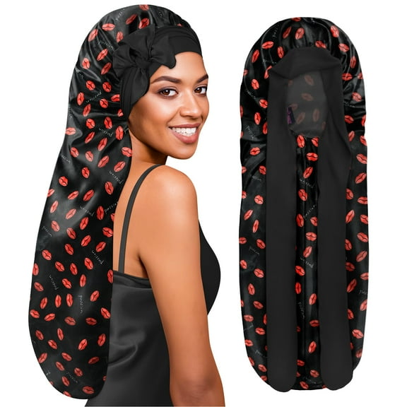 Extra Long Silky Satin Braid Bonnet with Tie Band Red Lips