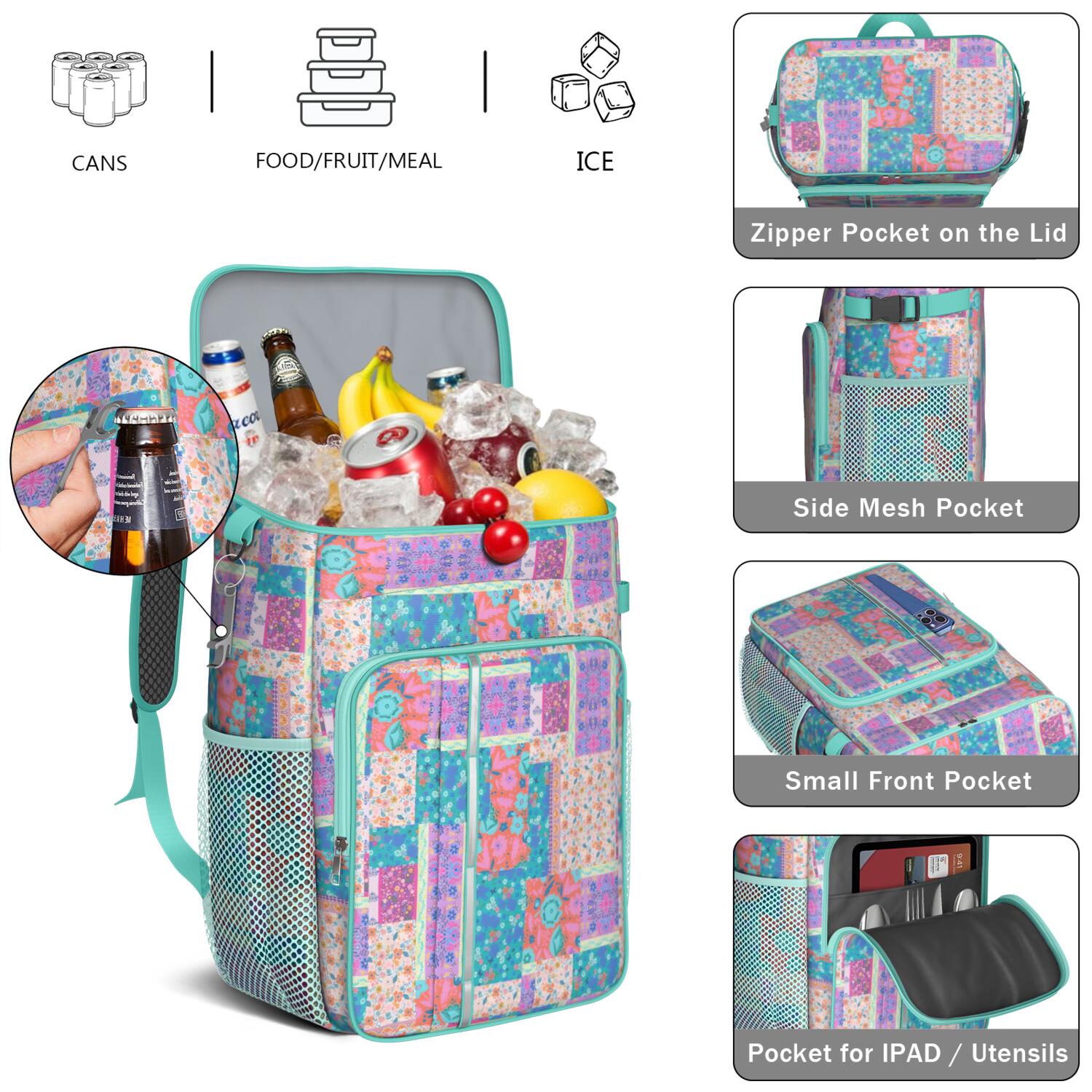 Travel Cooler Bag - Boho Bohemia Flower Camping Beer Cooler Backpack with Bottle Opener- Waterproof Insulated Picnic Backpacks - Cooler Bag for Beach