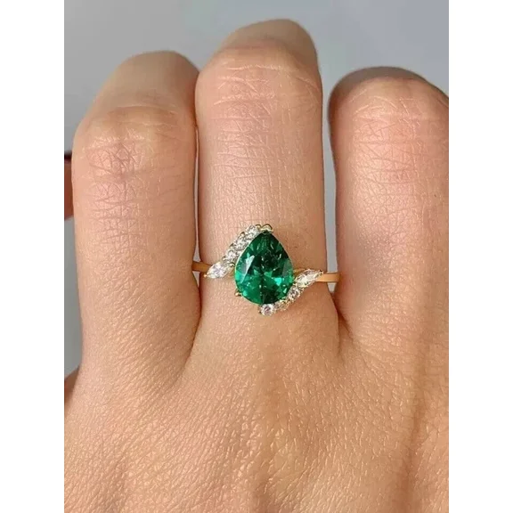 New Jewels 2Ct Pear Cut Lab Created Green Emerald Women Wedding Ring 14k Yellow Gold Plated