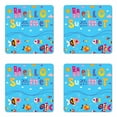 thumbnail image 1 of Saying Coaster Set of 4, Colored Welcoming Hello Words Print with Patchwork Style Sea Fish and Clouds Image, Square Hardboard Gloss Coasters, Standard Size, Multicolor, by Ambesonne, 1 of 2