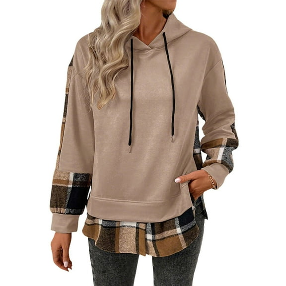 Lenpel Hoodies for Women Casual Long Sleeve Drawstring Patchwork Plaid Hooded Sweatshirts Fashion Fall Winter Clothes(Khaki,X-Large)