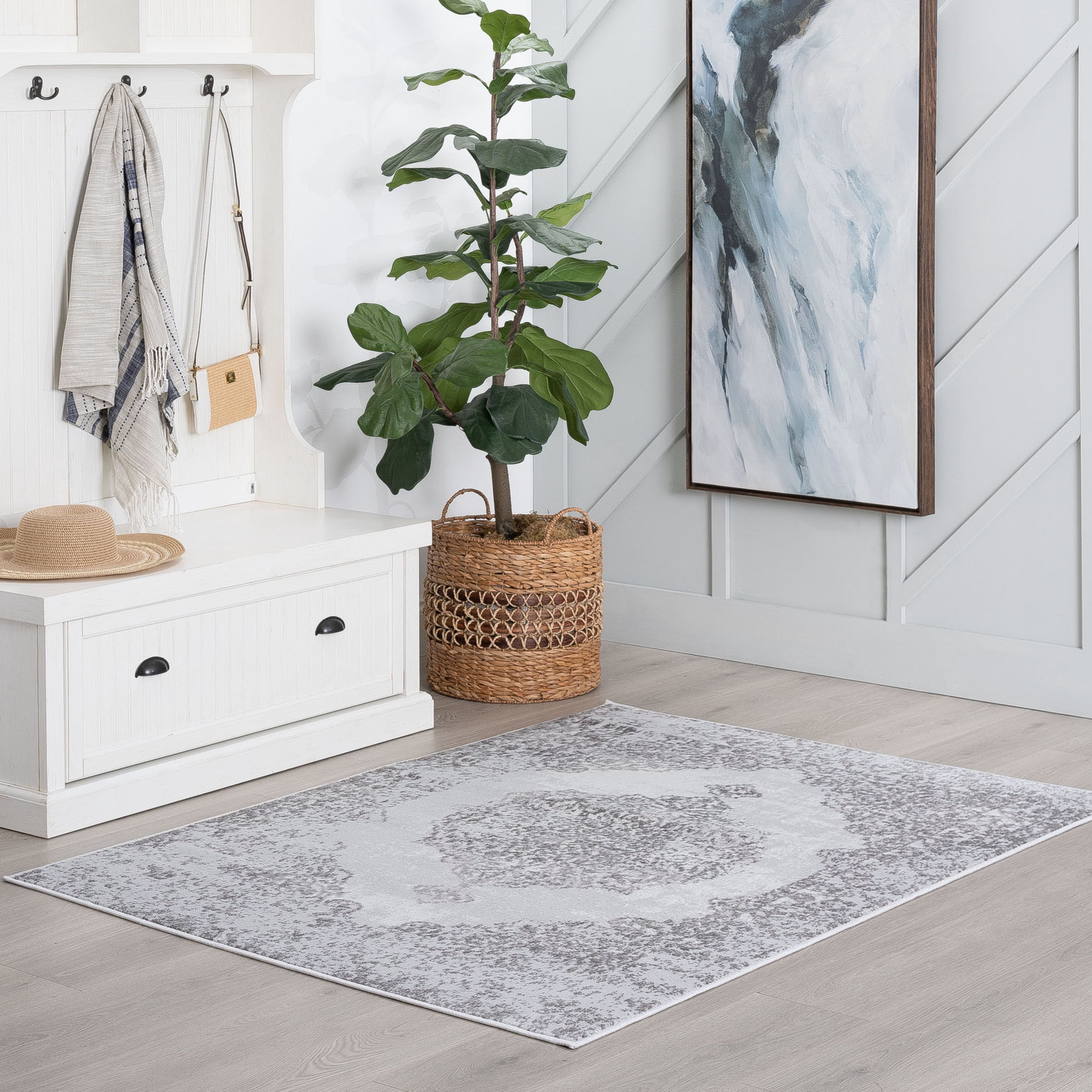 Traditional 9x12 Area Rug (8'9'' x 12'2'') Medallion White, Gray Living Room Easy to Clean