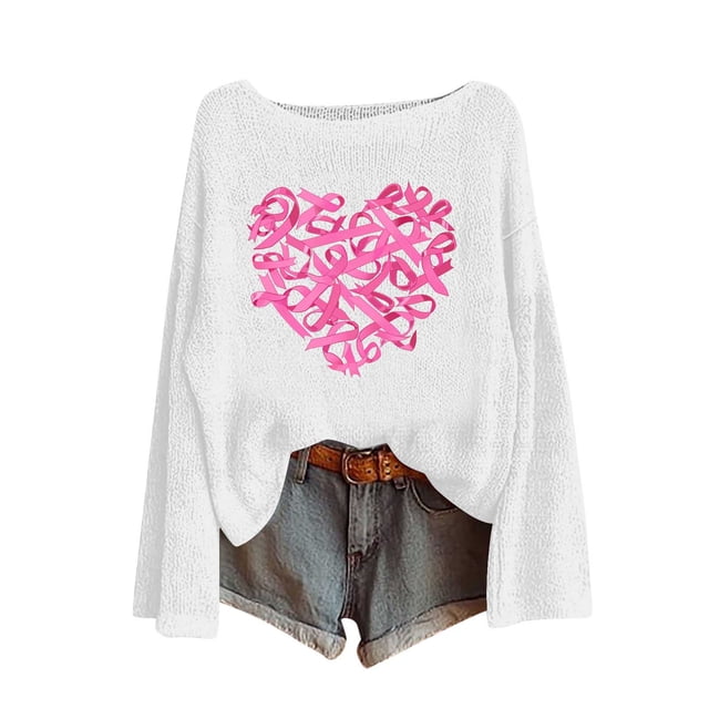 Chandail pour Femmes Manches Longues Sensibilisation au Cancer du Sein Col Rond pour Mode Tricot, Pulls pour Femmes