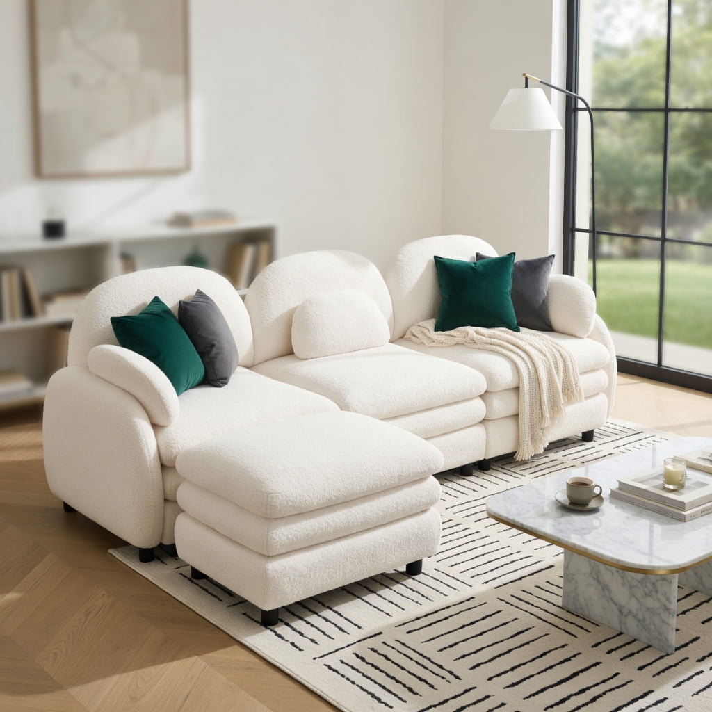 Hommoo Teddy Fleece 4-Seat Modular Sectional Sofa with Curved Backrest, Movable Ottoman & Double-Layer Cloud Cushions, Beige