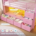 thumbnail image 4 of Low Loft Bed Twin Size with Upholsterd Headboard and 8 Storage Drawers, Metal Loft Twin Bed Frame with LED Lights, Under-Bed Play Area, Play Curtain, Safety Guardrail and Ladder, Pink, 4 of 10