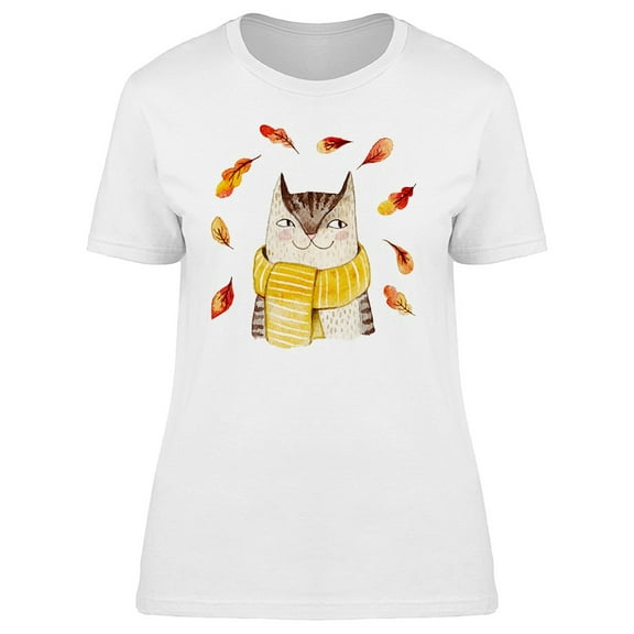 Cute Cat With Scarf & Leaves Tee Women's -Image by Shutterstock