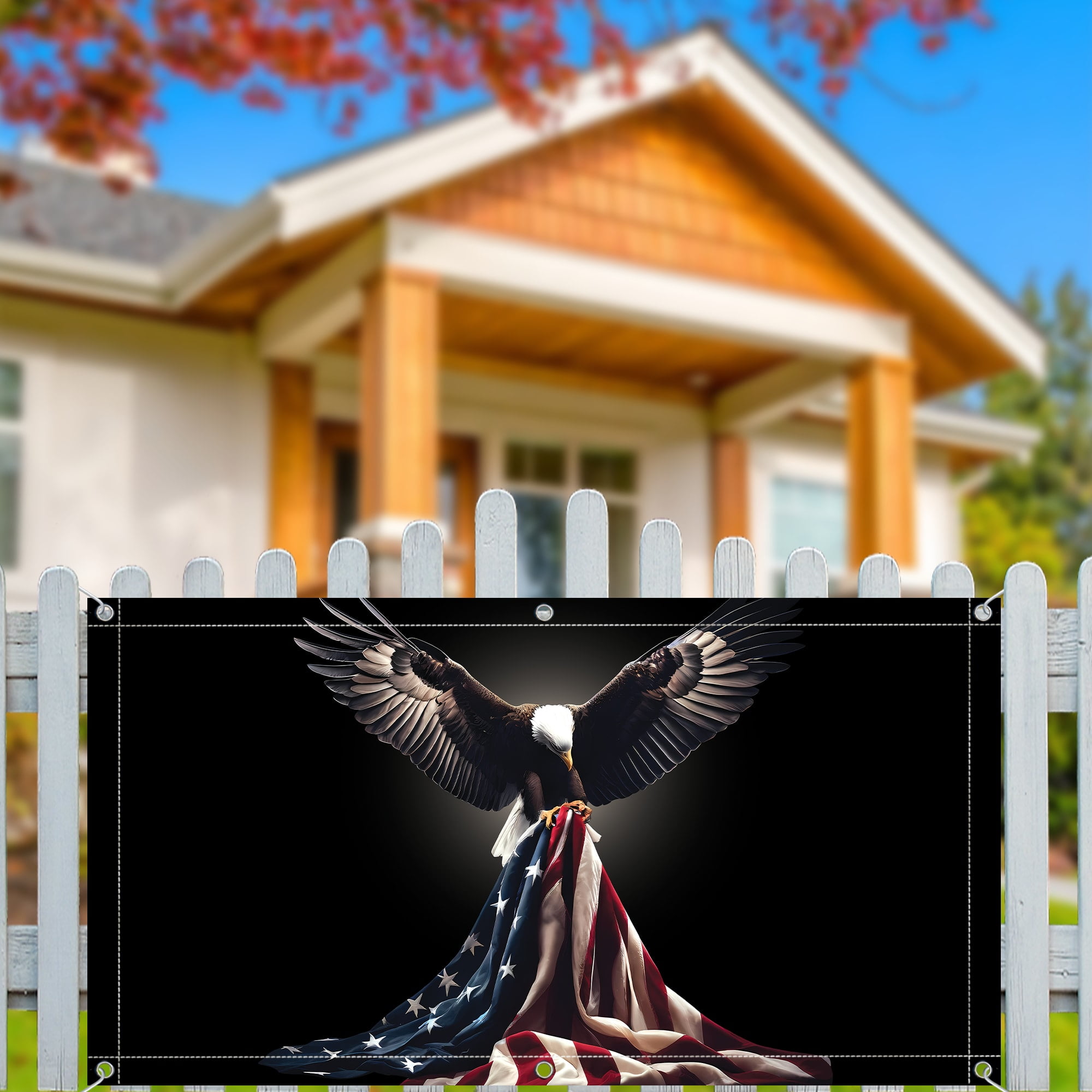 Lotusprinthandmade USA Flag Eagle 100% Polyester Rectangle Fence Flag (96x48 inches), Patriotic Symbol Fence Flag