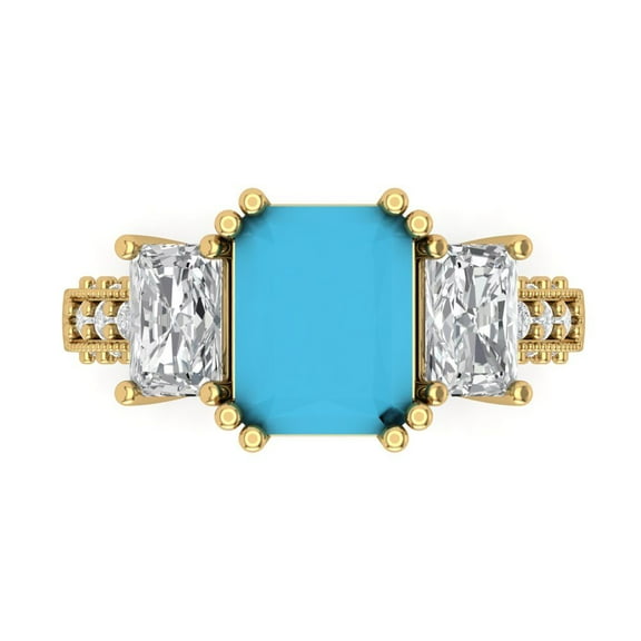 Three-Stone Engagement Ring for Women - 4.27ct Simulated Turquoise in 18K Yellow Gold Promise Ring