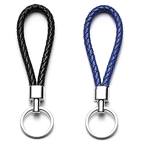 2pcs Leather Chain Ring Strap Rope Car Fob Cord Holder for Silicone Case Keyring Keychain fit for Mercedes BMW Cadillac Lexus Ford Toyota Honda Chevrolet Dodge Jaguar Land Smart Key (black and blue)