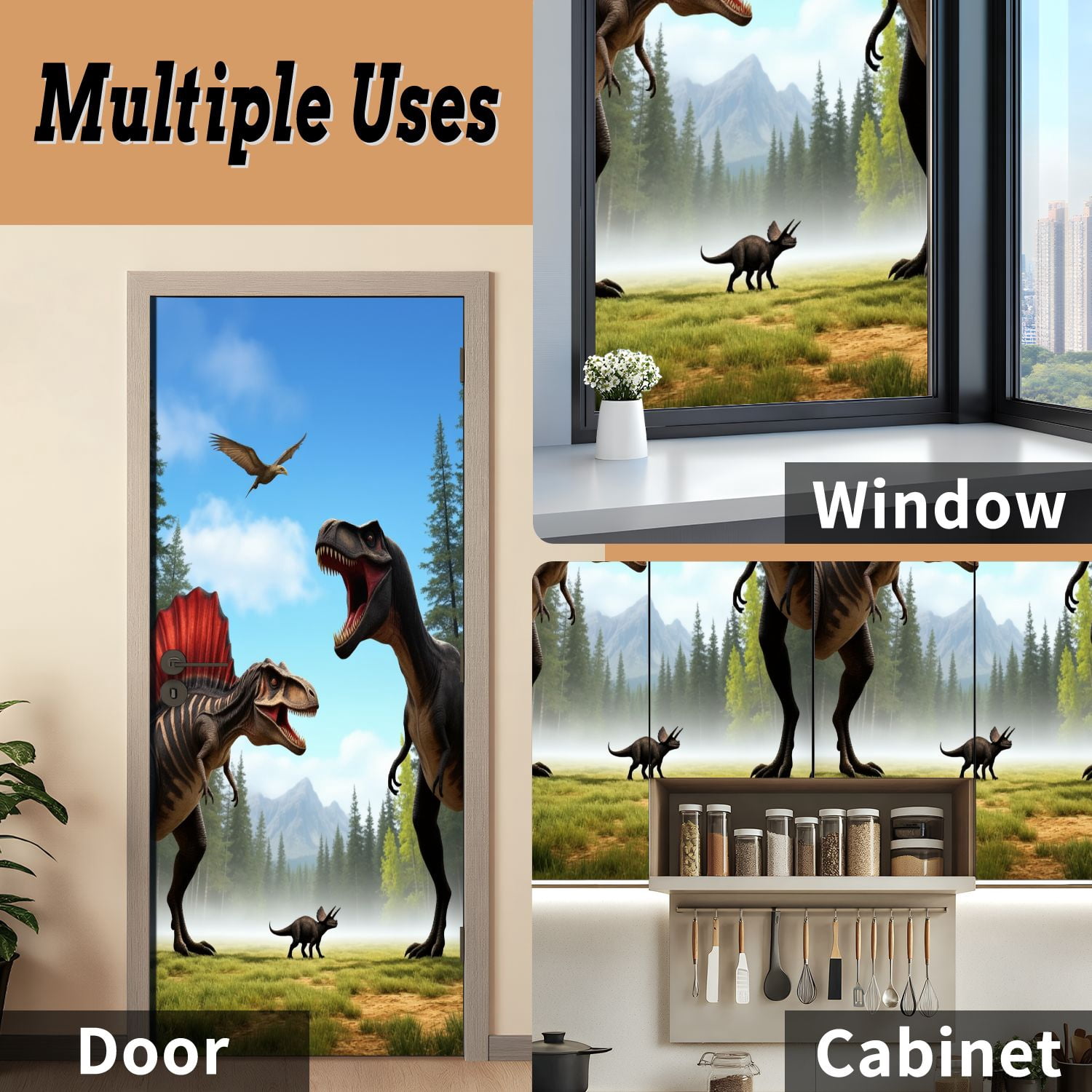 Self Adhesive Vinyl Refrigerator Wrap Set 3D Effect Dinosaurs City Spinosaurus Tyrannosaurus Rex Door Mural Removable Fridge Sticker Peel and Stick&nbsp;Full Door Cover Decal Kitchen Bar Decor
