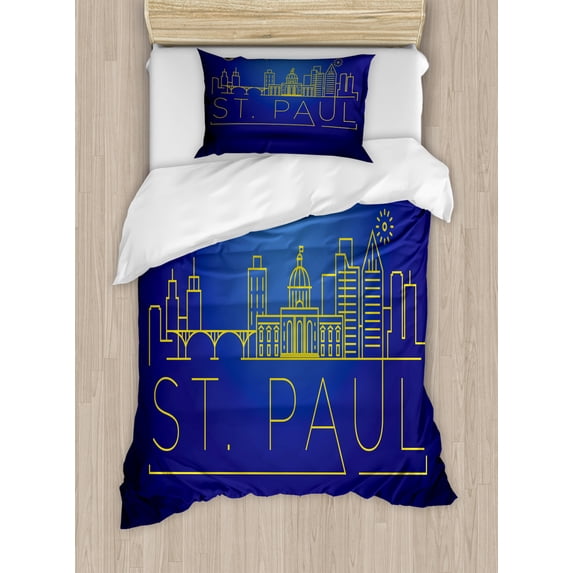 Minnesota Duvet Cover Set Twin Size, Doodle Art St Paul City Skyline in a Starry Night Modern Style Typography, Decorative 2 Piece Bedding Set with 1 Pillow Sham, Indigo and Yellow, by Ambesonne