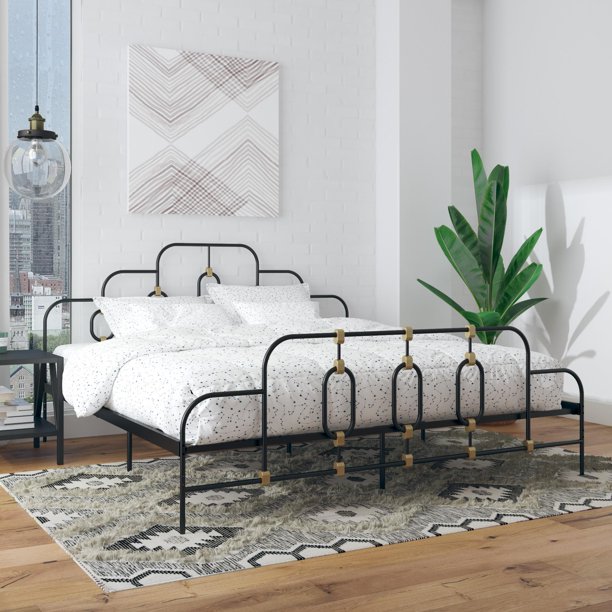 Novogratz Boutique Olivia Metal Bed, King Size Frame, Black and Gold
