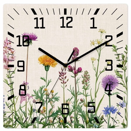 Spring Flowers Wooden Wall Clock Silent Non Ticking, Wild Floral Herb Botanical Square Wall Clocks Battery Operated, Decor Clock for Home Office, Living Room, Kitchen, 12 Inch