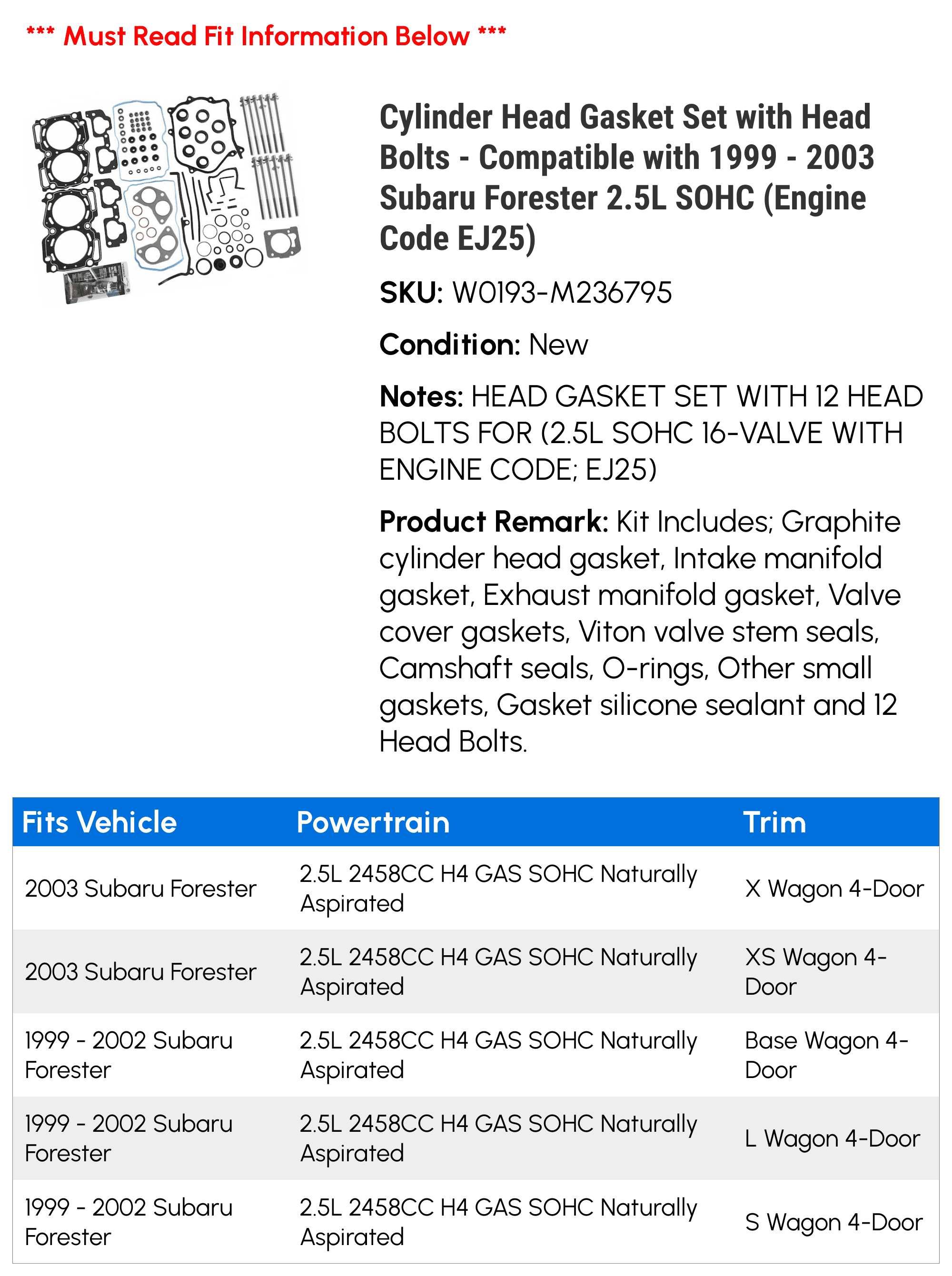 Cylinder Head Gasket Set with Head Bolts - Compatible with 1999 - 2003 Subaru Forester 2.5L SOHC (Engine Code EJ25) 2000 2001 2002