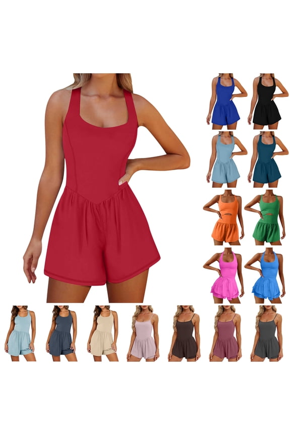 Women's Workout Romper Running Onesie Short Summer Casual Athletic One Piece Jumpsuits Outfits Solid Color Gym Yoga Jumper Clothes Ropa de Verano Para Mujer 2024 Black M