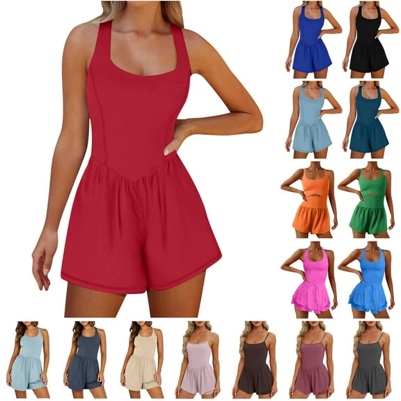 QATAINLAV Women's Workout Romper Running Onesie Short Summer Casual Athletic One Piece Jumpsuits Outfits Solid Color Gym Yoga Jumper Clothes Ropa de Verano Para Mujer 2024 Black M