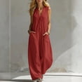 thumbnail image 3 of Linen Jumpsuits for Women Summer Casual Sleeveless V Neck Button Down Wide Leg Boho Jumpsuits, S, 3 of 5