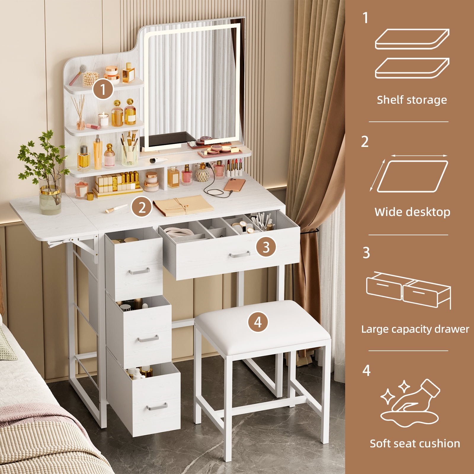 TOMNK Makeup Vanity Desk with LED Mirror, Lights, 4 Drawers, USB Ports & Stool, White