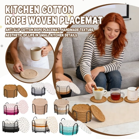 8pcs Absorbent Drink Coasters with Holder 4.33inch Woven Cotton and Linen Mats Heat Resistant Tabletop Protection for Coffee Beer Mugs Different Home Decor Black