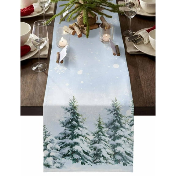 Christmas Table Runner Snowflake Pine Tree Table Runners White Snowy Winter Forest Cotton Linen Dresser Scarf Kitchen Dining Table Decor for Christmas Holiday Party Decor 13x90 Inch