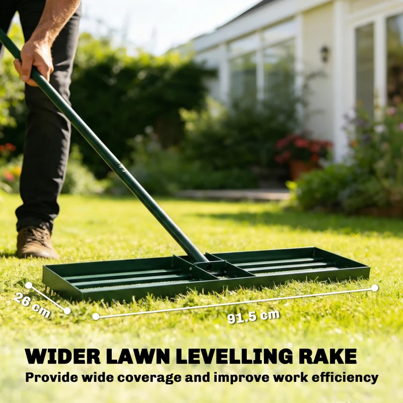 Heavy Duty Yard Leveling Rake 36 Inch Wide Head Powder Coated Rustproof Metal 3 Section Detachable 66.5 Inch Long Handle Lawn Soil Sand Leveling Tool
