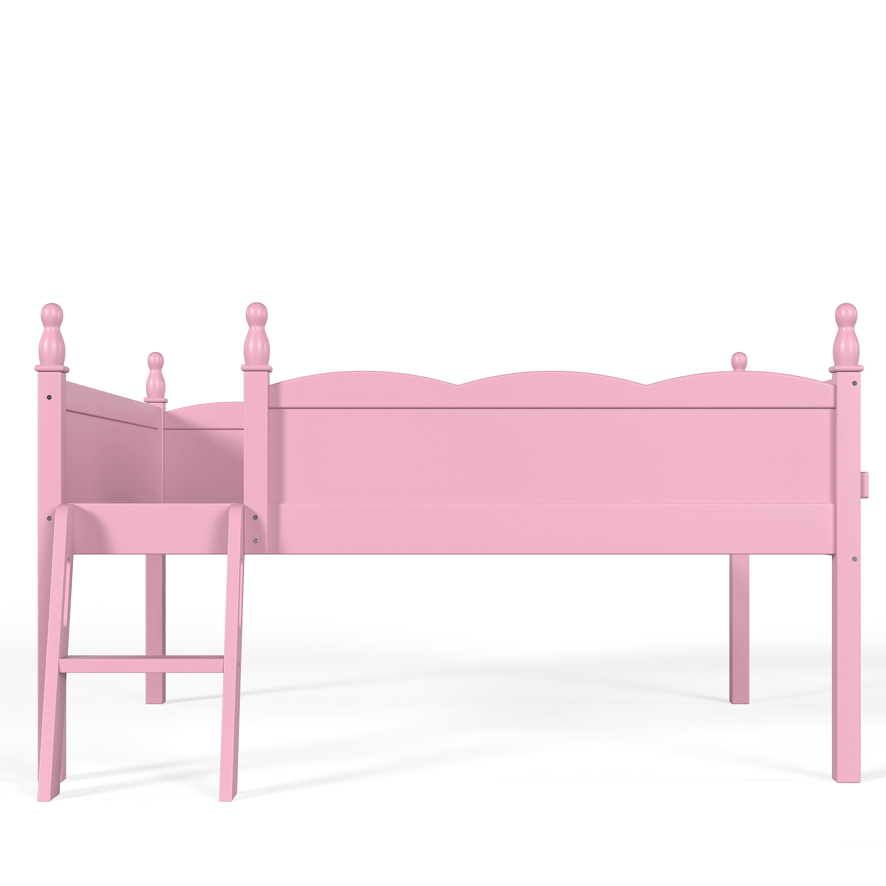 Safe Full Size Low Loft Bed with Full-Length Guardrails and Bookshelf, Solid Wood Bed with Ladder for Kids and Teens, Pink