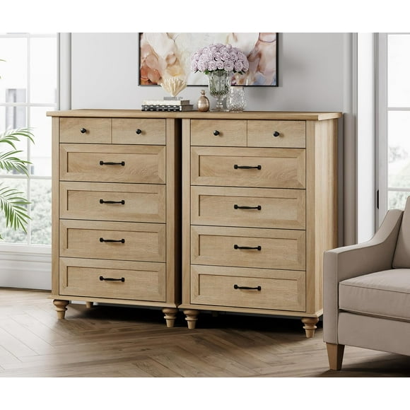 WAMPAT Wide Dresser for Bedroom with 10 Drawers,Mid Century Modern Chest of Drawer with Solid Wood Legs,Vertical Dresser Storage Organizer,Wooden Dresser for Kids Bedroom,Hallway,Oak