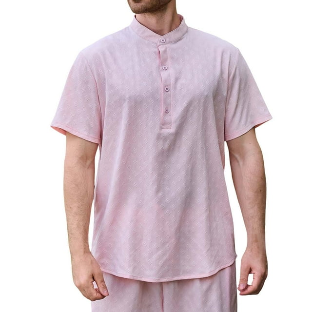 Men's Casual Shirt Comfortable Breathable Stretch Knit Top For Daily Wear Summer Spring Relaxed Fit Button Down Stylish Plain Jacquard Design Long Sleeve T Shirts for Men Workout T Shirts for Men