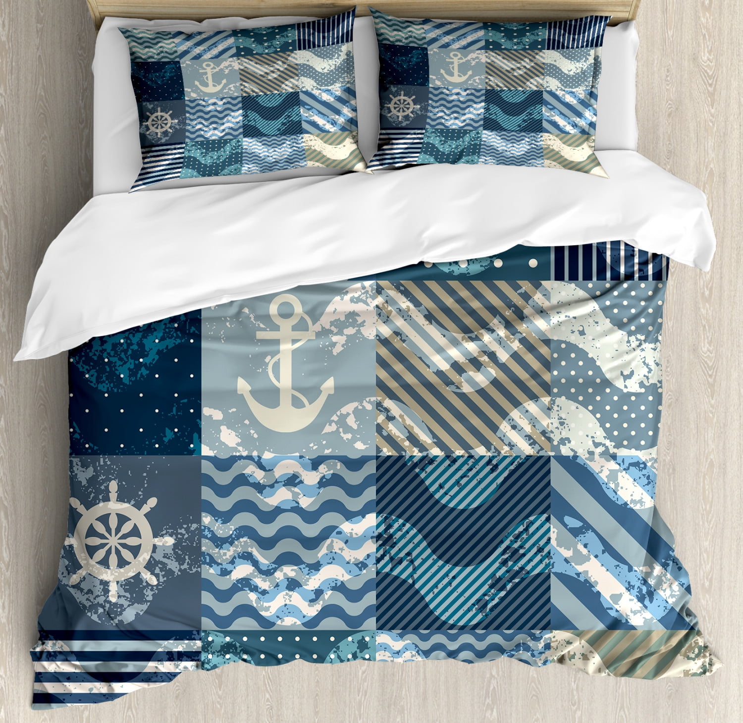 Nautical Queen Size Duvet Cover Set, Marine Theme Wave Patterns in