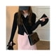 thumbnail image 5 of Camiseta corta ajustada de manga larga para mujer, camiseta irregular de Color puro a la moda para primavera y otoño, negro M, 5 of 14