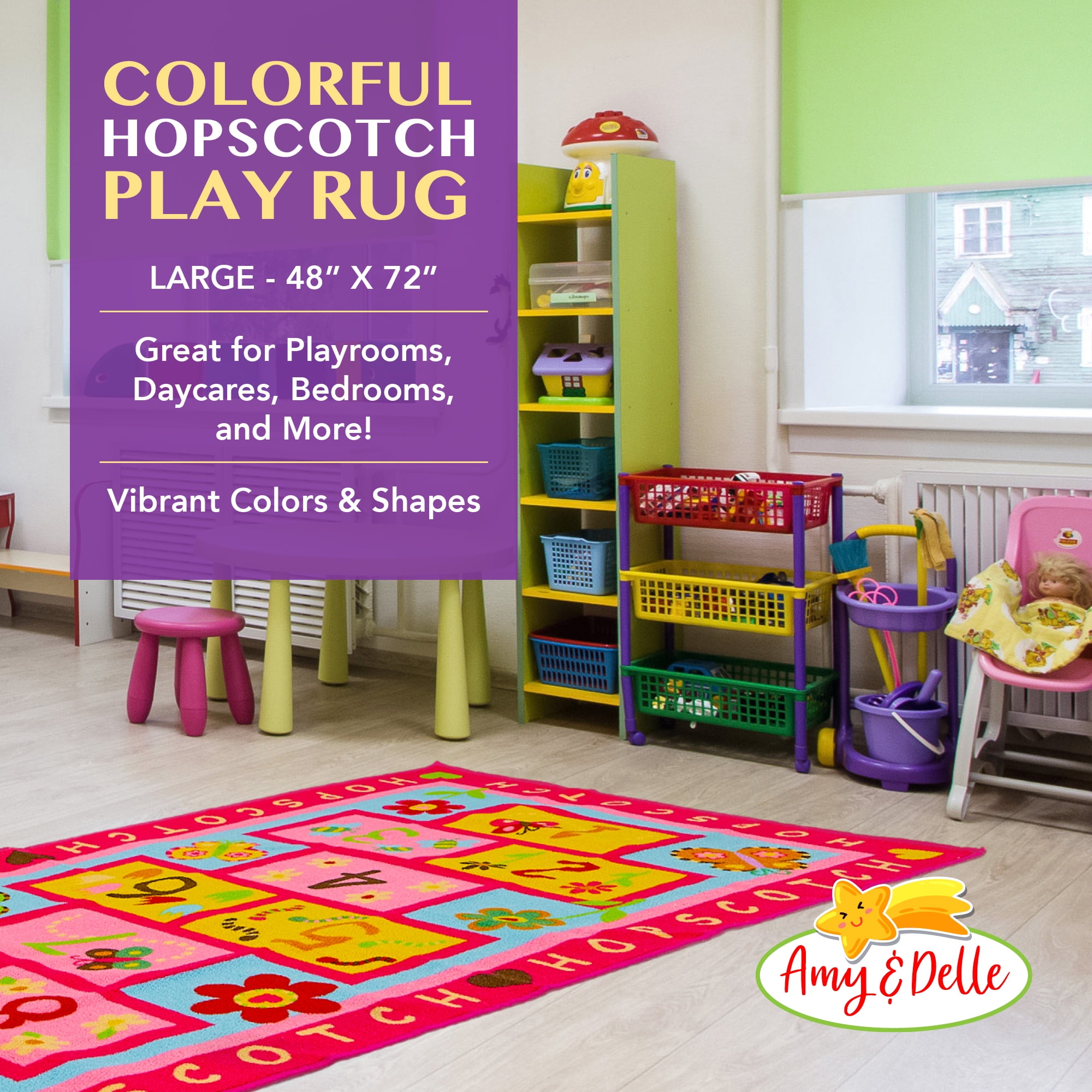 Hopscotch Rug Play Carpet â?? Educational & Fun Kidâ??s Mat for Bedroom, Nursery and Classroom â?? 10 Numbered Squares - Colorful Flower Design