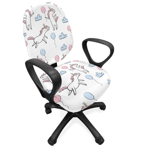 Cartoon Office Chair Slipcover, Themed Pattern with Clouds Balloons and Unicorns Party, Protective Stretch Decorative Fabric Cover, Standard Size, Pale Pink Pale Blue, by Ambesonne