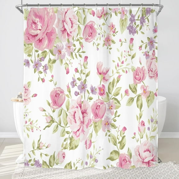 Pink Purple Flower Shower Curtain for Bathroom Decor 72Wx72H Rustic Floral Blooming Watercolor Peony Rose Plant Green Leaves Art Printed Fabric Polyester Waterproof 12 Pack Plastic Hooks