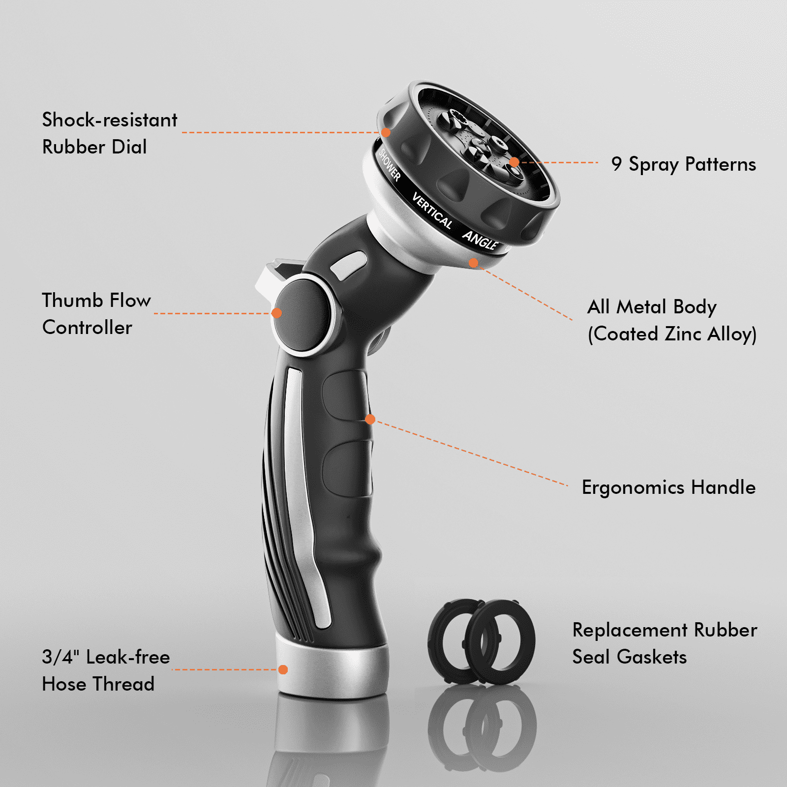 Restmo Hose Nozzle Heavy Duty, Metal Water Hose Sprayer for Garden, 9 Spray Patterns | High Pressure | Thumb Flow Control | On/Off Valve, Ideal for Outdoor Lawn & Plant Watering, Car & Pet Washing