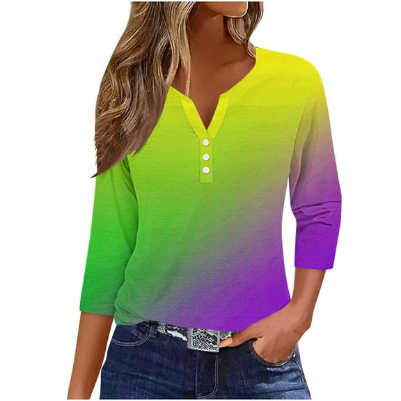 TKLPEHG Mardi Gras Shirts for Women Sequin Bling Glitter 3/4 Sleeve Button Henley V Neck Shirts Tunic Tops Carnival Outfits (Green,M)