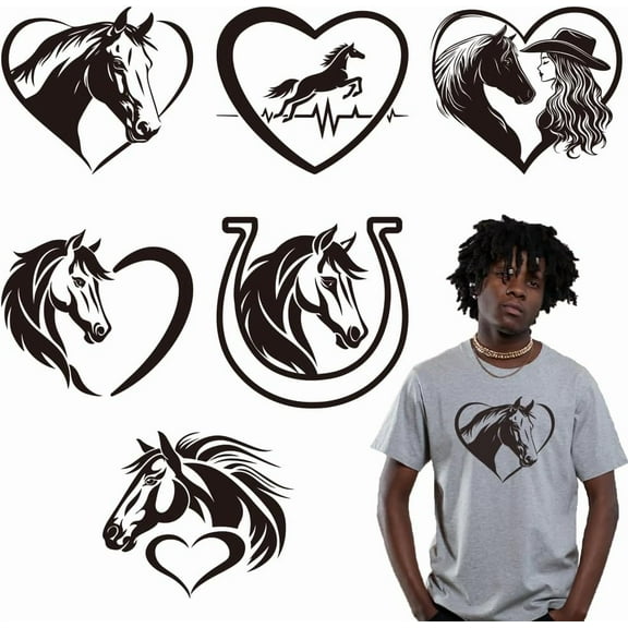 6 Sheets Horse Theme Iron on Stickers Black Horse Silhouette Pattern Print Transfer Stickers Decals for DIY T-Shirt Jeans Backpacks Families Clothing Hat Decoration Applique