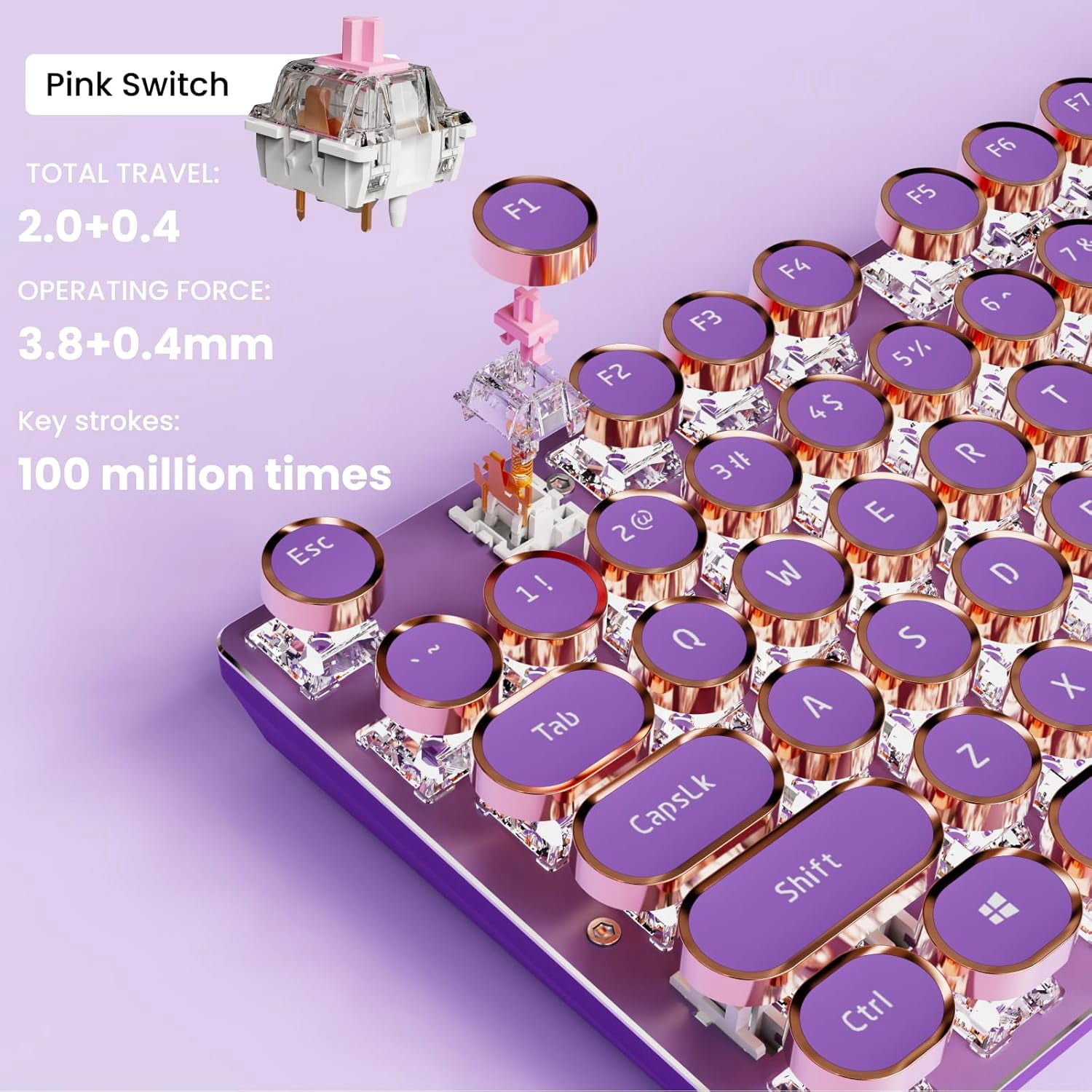 Hnjugfe Typewriter Style Mechanical Gaming Keyboard, Wired Mechanical Keyboards,104 Keys Backlit LED Keyboards, Media Control Knob, Wired Computer Keyboard Pink Switch for Windows/Mac/PC-Purple