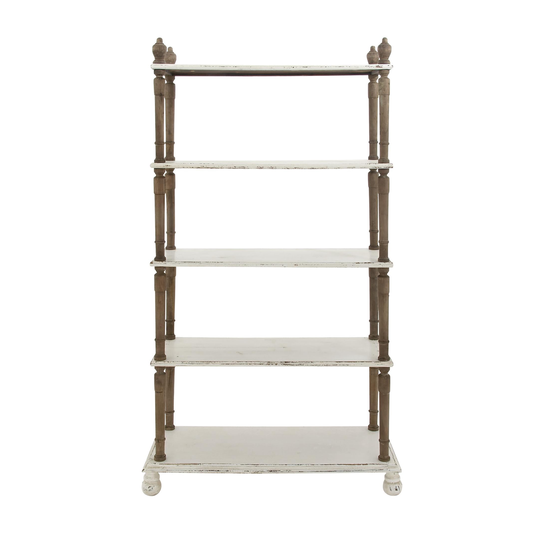 DecMode 37" x 75" White Wood Distressed Turned 5-Tier Shelving Unit with Brown Spindle Sides and Ball Feet, 1-Piece