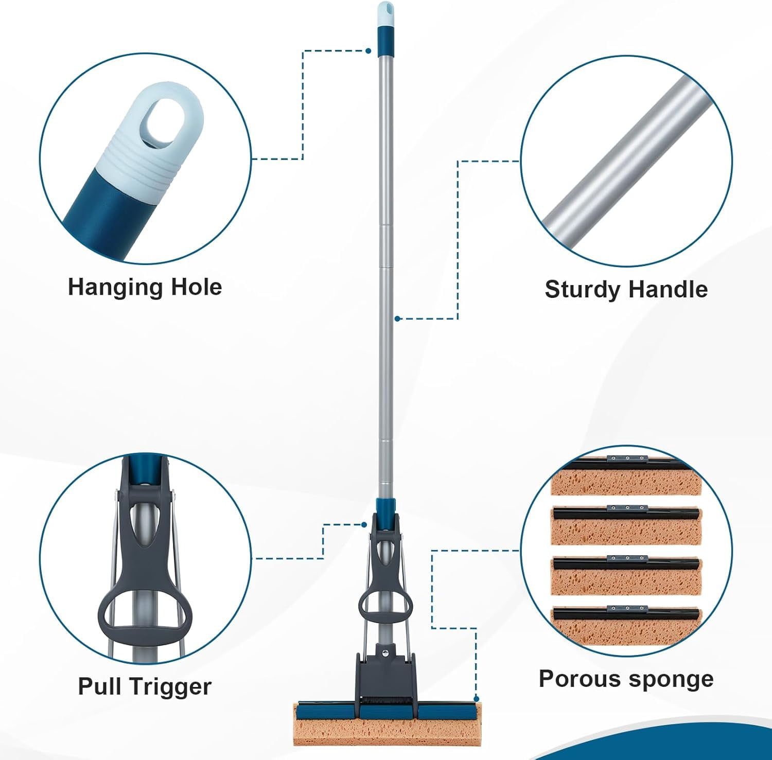 Heavy Duty Roller Mop with 4 Refill Heads, Self-Squeeze Handle for Hardwood Tile and Wall Cleaning