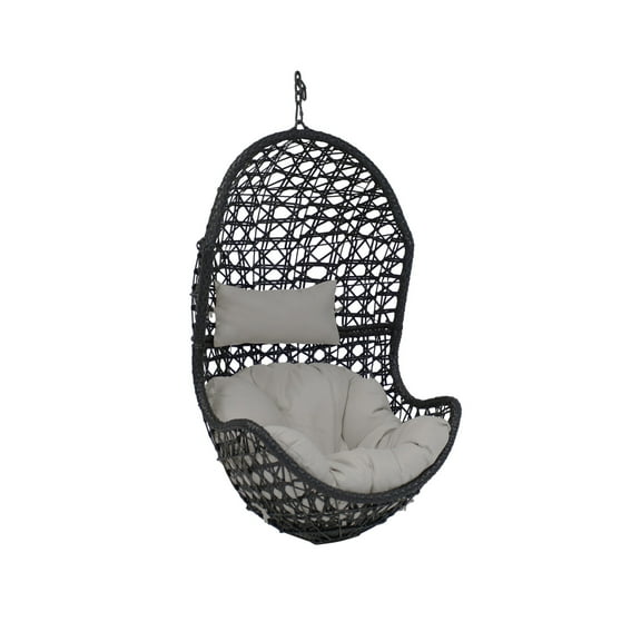 Sunnydaze Cordelia Resin Wicker Egg Hanging Chair with Cushions, Gray