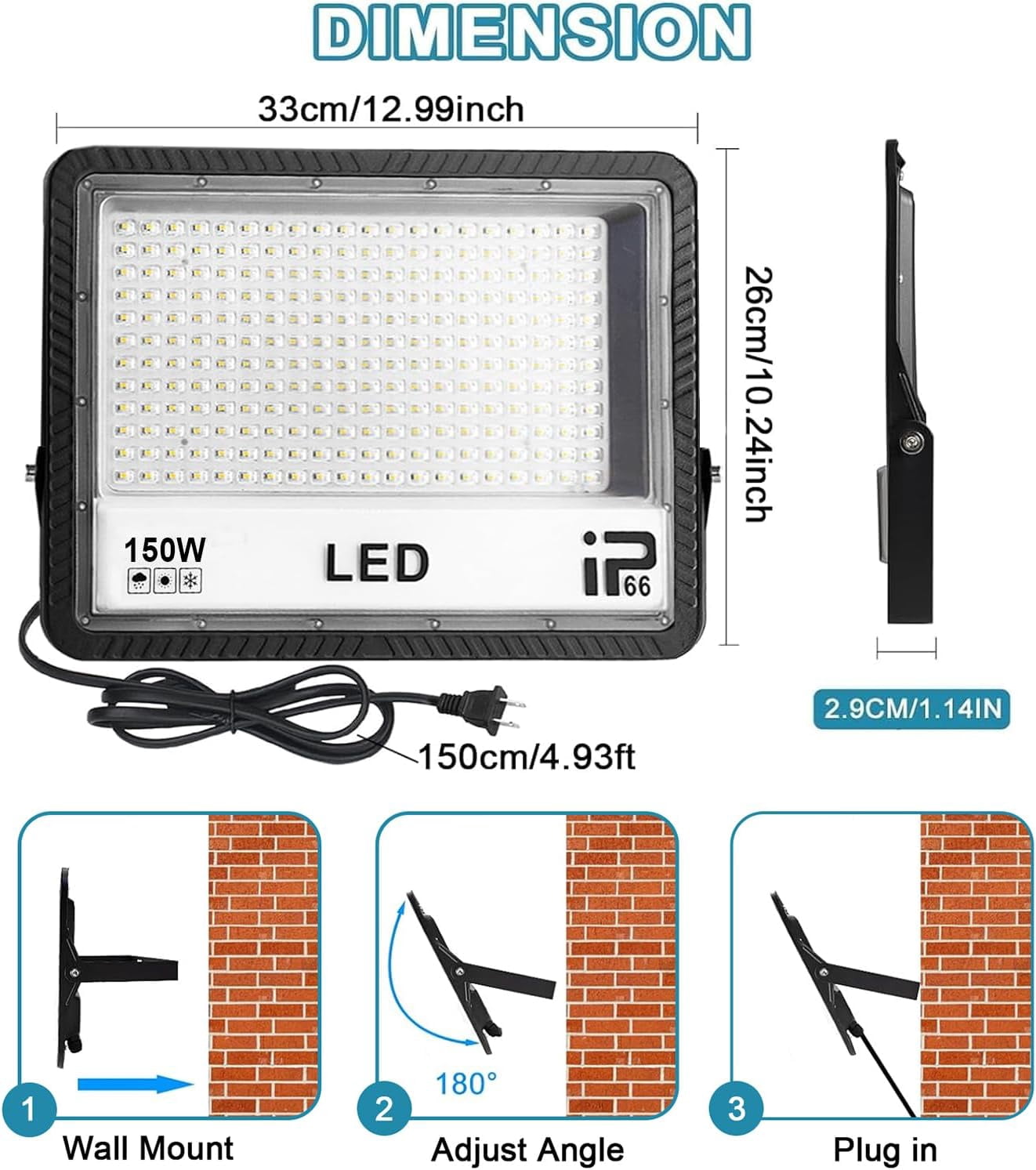 LED Flood Lights Outdoor, 2 Pack 150W 15000LM Bright Floodlight Outside Work Light with Plug, IP66 Waterproof 6500K Outdoor LED Flood Light for Garage, Yard, Lawn, Garden