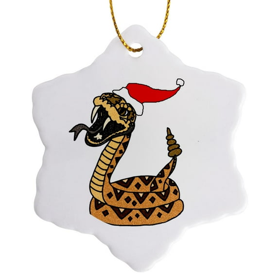 3drose, Funny Rattlesnake in Santa Hat Christmas Art, 3 inch Snowflake Porcelain Ornament