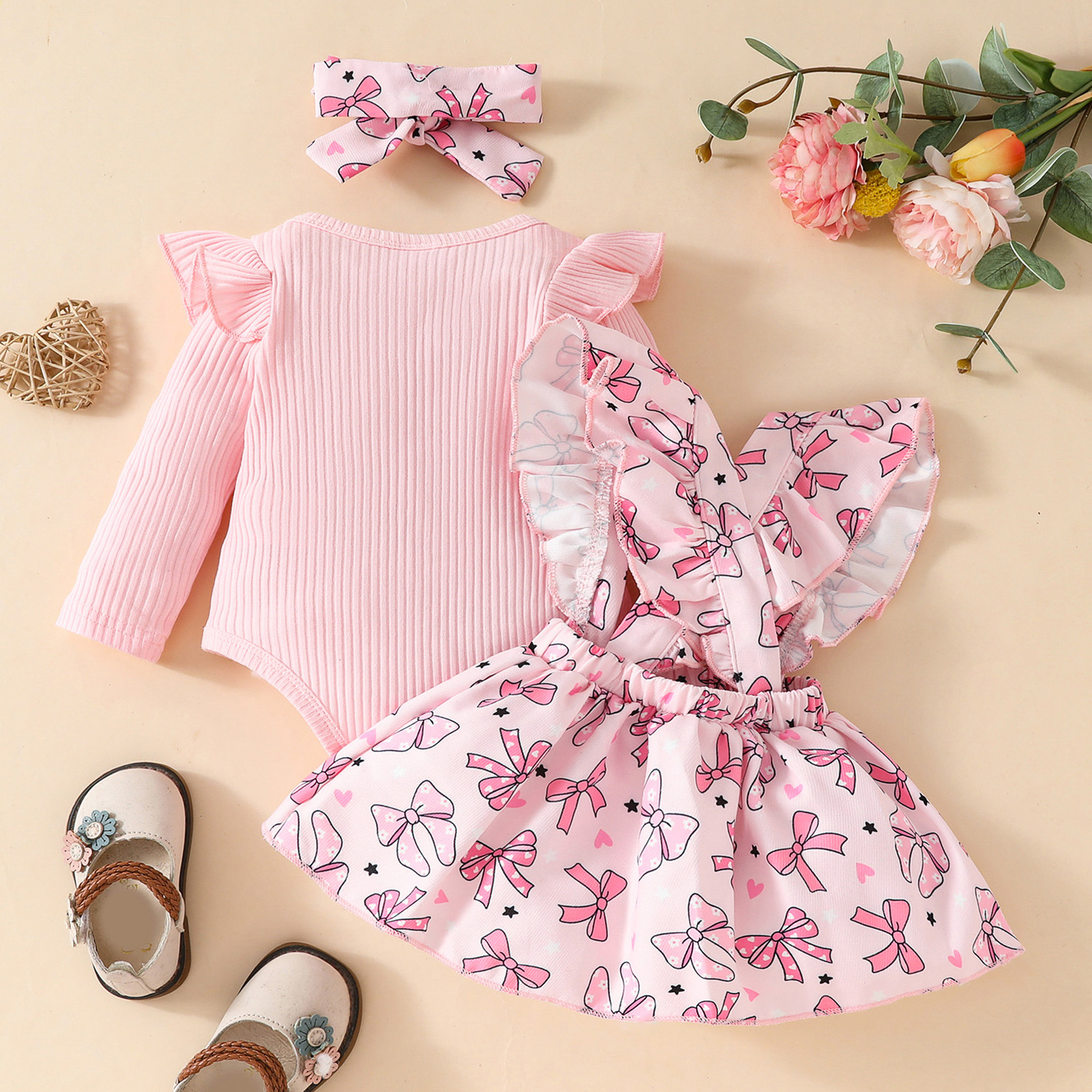 IWEMEK Newborn Baby Girl Clothes Ruffle Long Sleeve Romper Pink Bowknot Skirt 3 Pieces Fall Outfit Sets Size 12-18M