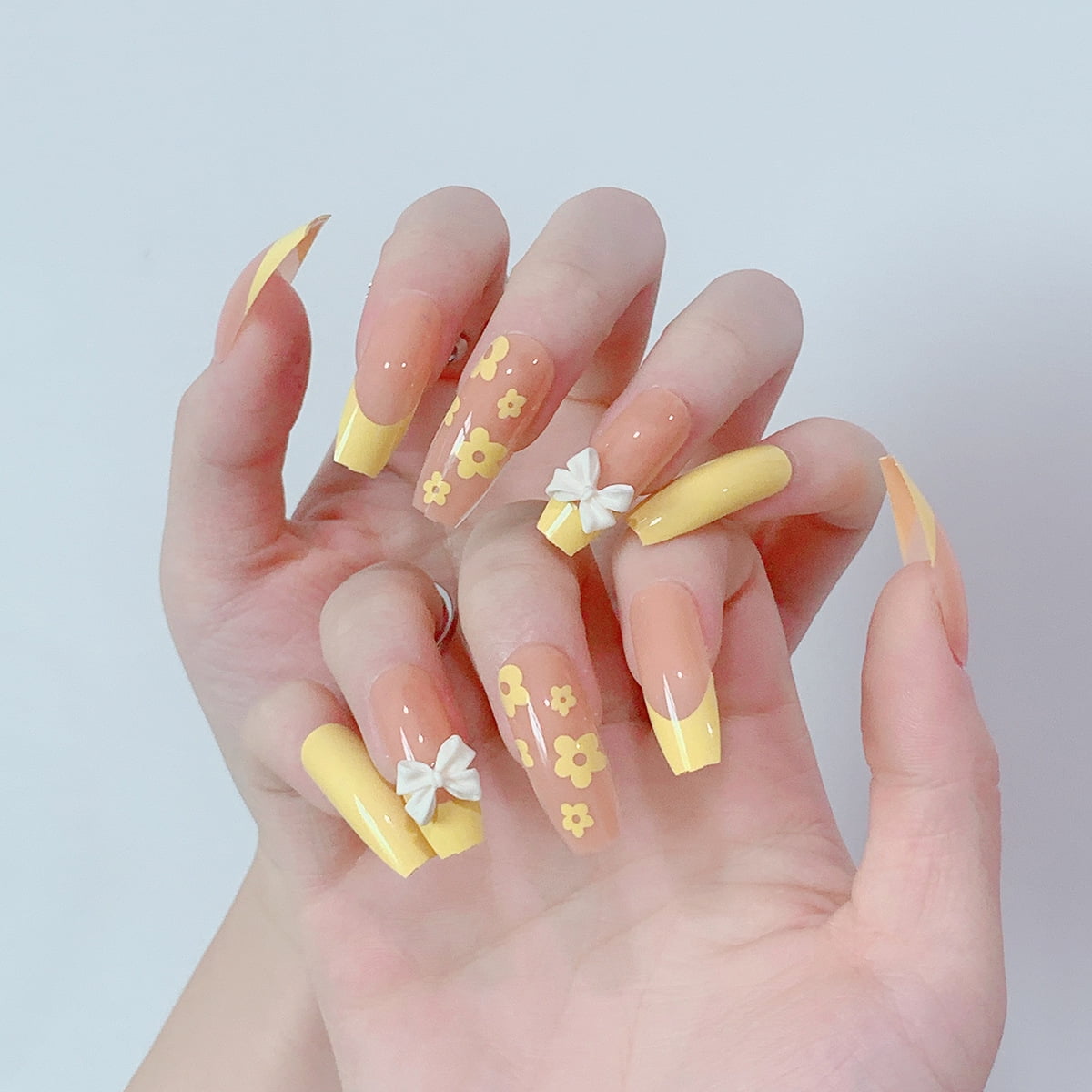 24PCS Long Yellow Press On Nails Cute Small Floral & Bow Design Fake Nails  Full Coverage Artificial For Women & Girls New 
