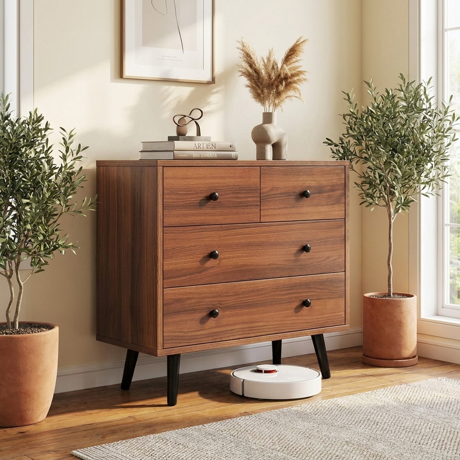 Furnibear Wide Wooden Dresser with 4 Drawers for Bedroom Living Room for Bedroom Closet Living Room Nursery Clothes Storage, Walnut