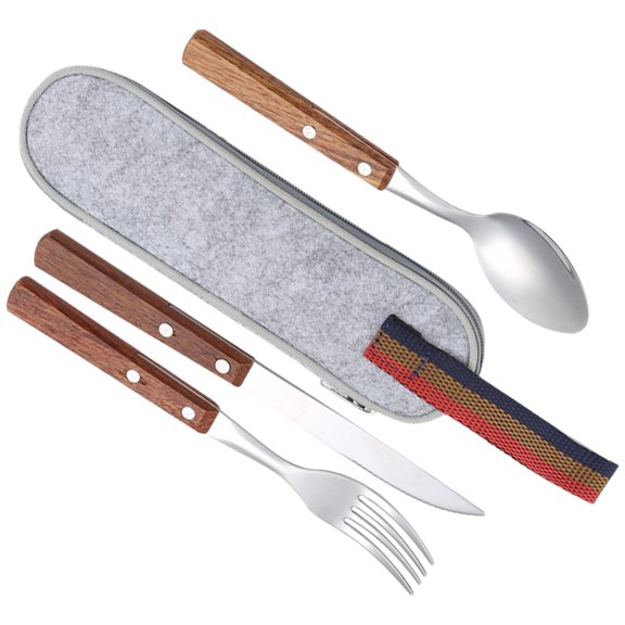 Stainless Steel and Wood Fork Spoon Knife Set with Cloth Bag for Camping Picnic and Daily Use 1 Set