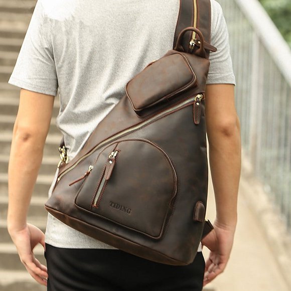 Original Large Capacity Chest Bag New Genuine Leather Men's Backpack Multifunctional USB Charging Backpack Retro Crazy Horse Leather Men's