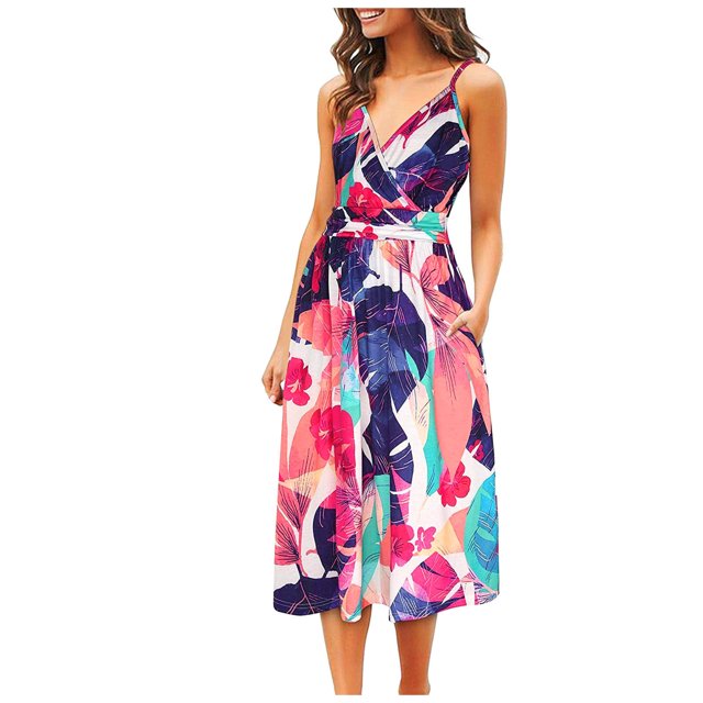 Moda para mujer Sexy cuello en V sin mangas ahueca hacia fuera impreso estampado Mid Claf vestidos Fridja hjkh6381