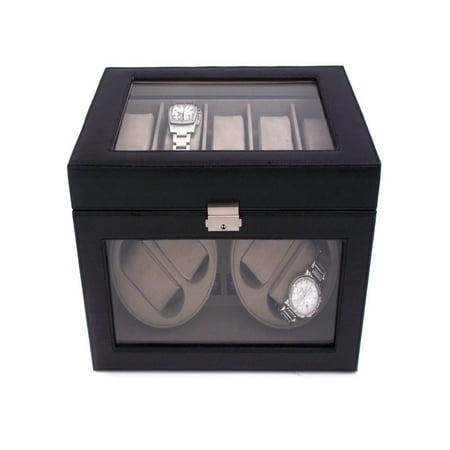 Black Leather 4-Watch Winder & 5-Watch Case - 12.75W x 9H in.